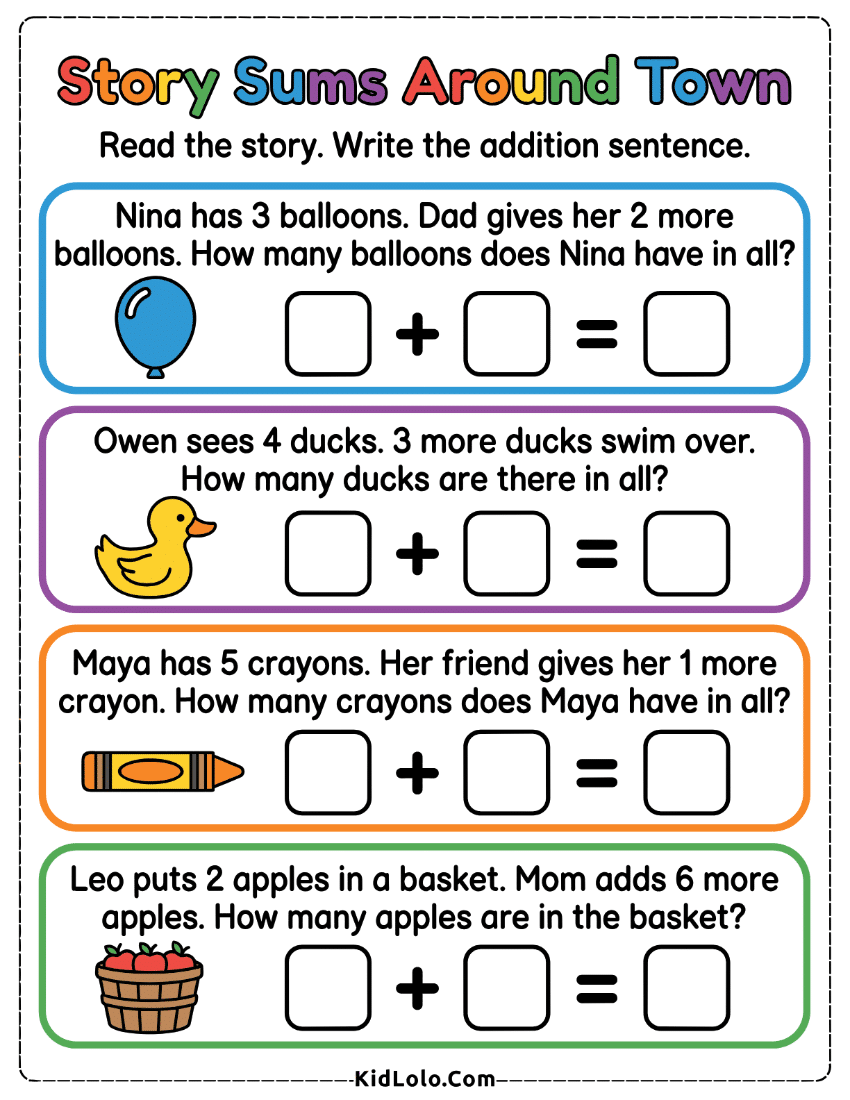 Addition word problems worksheet with everyday stories and missing number boxes.
