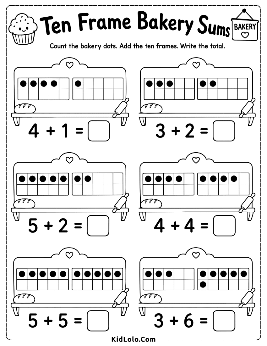 Bakery ten frame addition worksheet with dot frames and sum boxes.