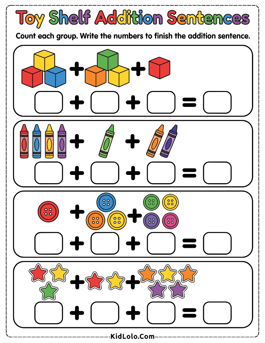 Toy shelf addition sentences worksheet with picture groups and missing numbers.