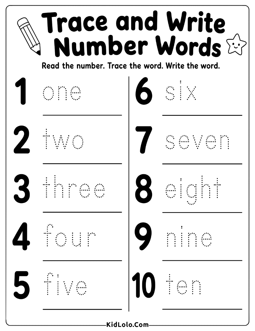 Number words worksheet for tracing and writing number words from 1 to 10.