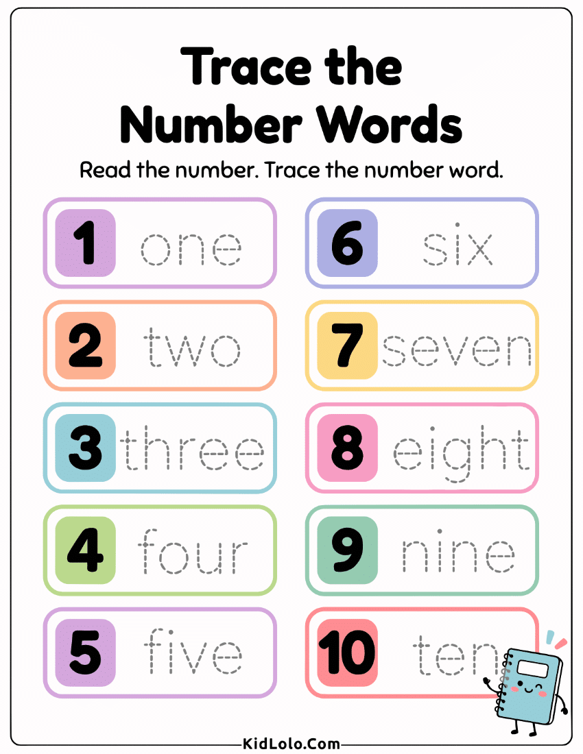 Number word tracing worksheet with numbers 1 to 10 and dotted words.