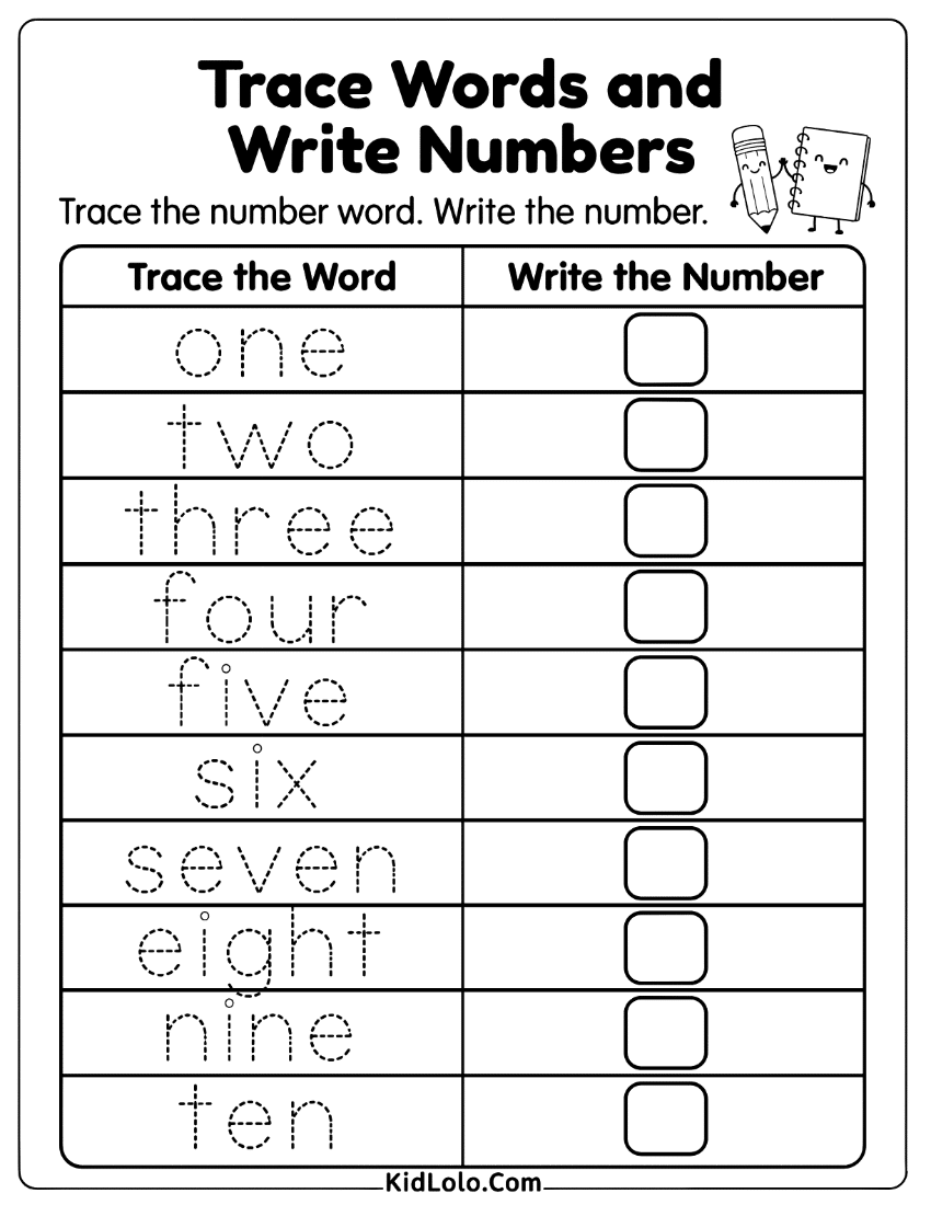 Number word handwriting worksheet with dotted words and boxes for numerals.