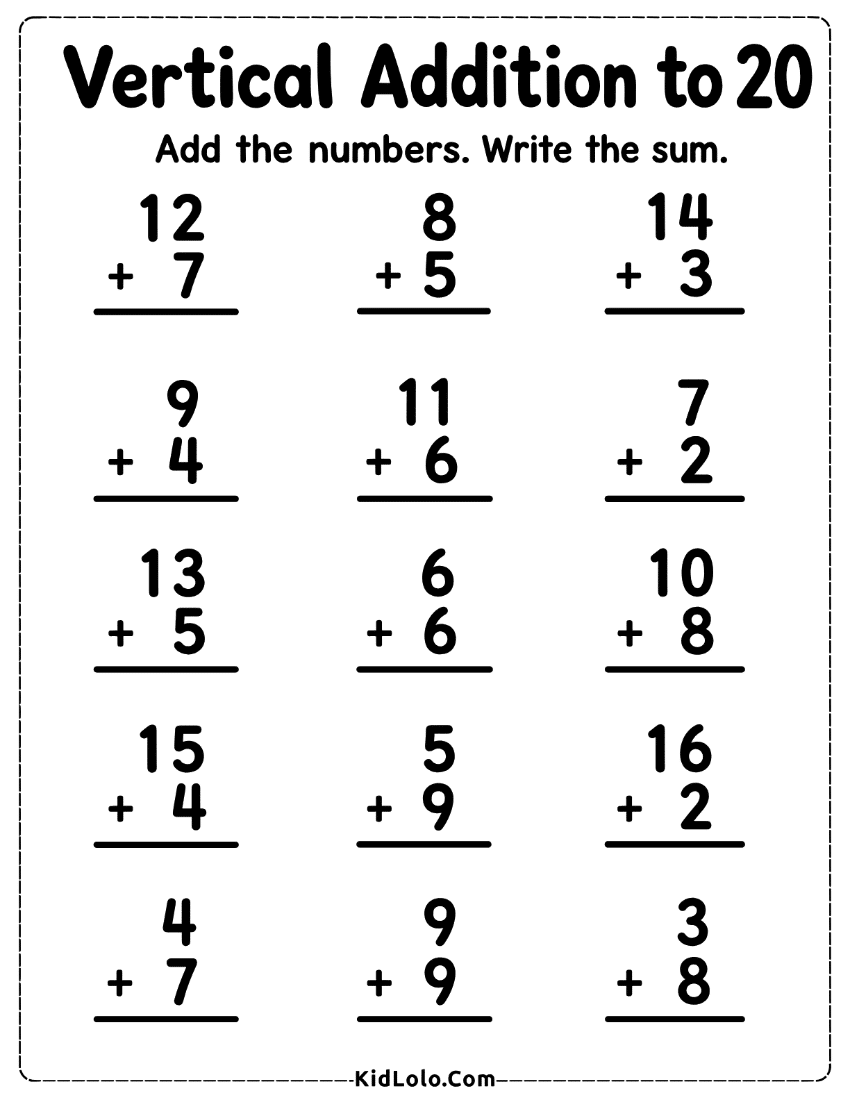 Vertical addition worksheet with sums to 20 and blank answer lines.