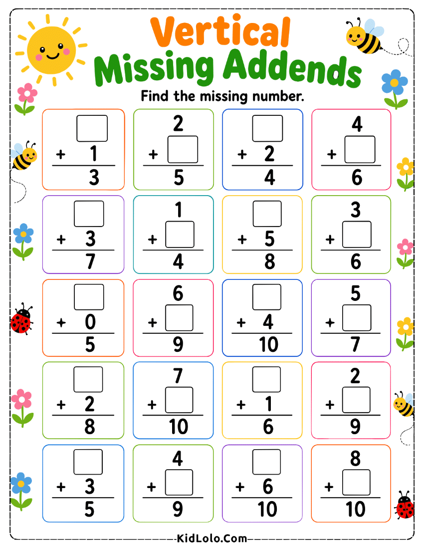 Vertical missing addends worksheet with stacked addition problems and blank boxes.