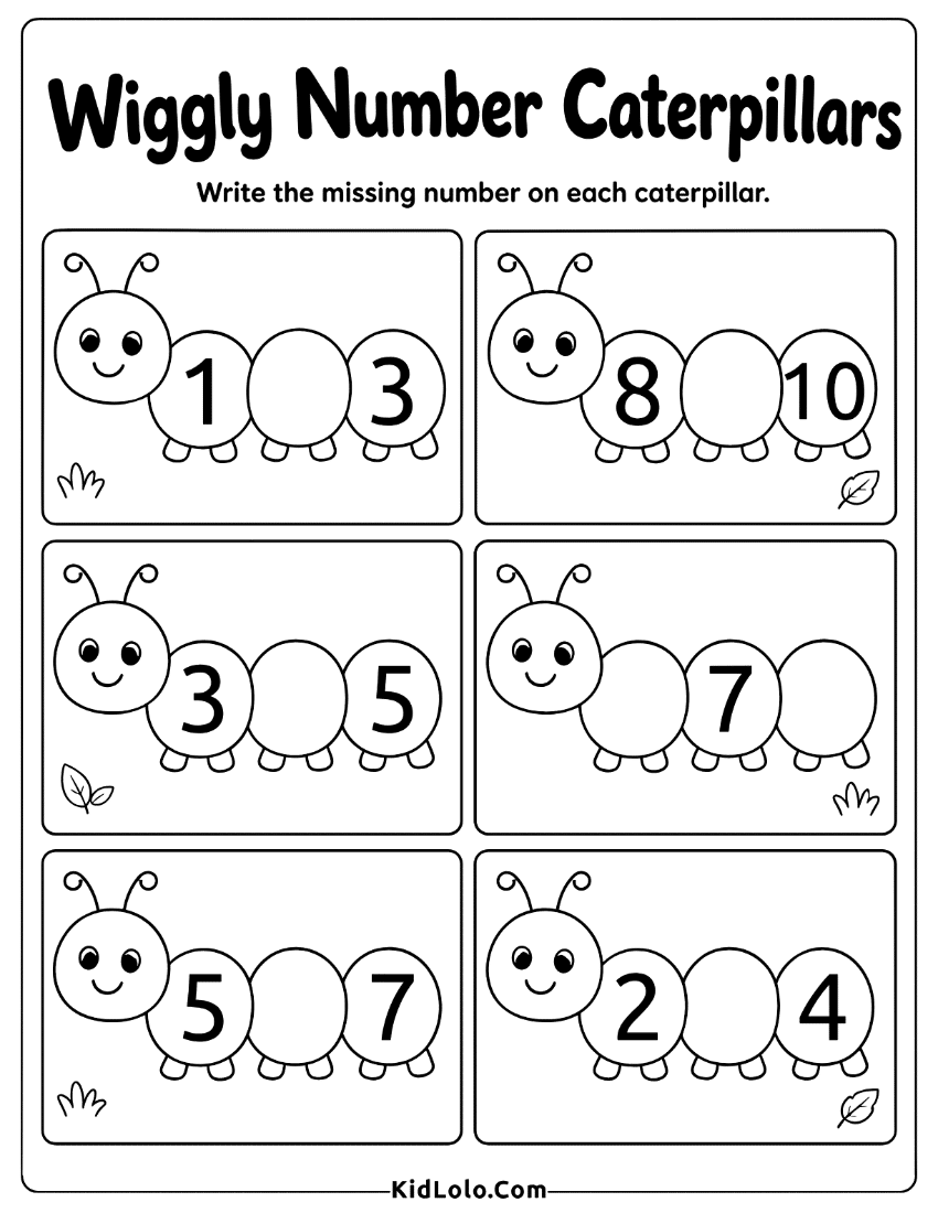 Caterpillar missing number worksheet with simple number patterns and blanks.