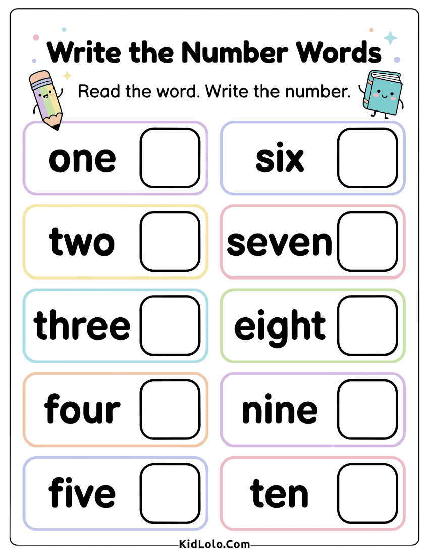 Number words worksheet for reading number words and writing numerals 1 to 10.